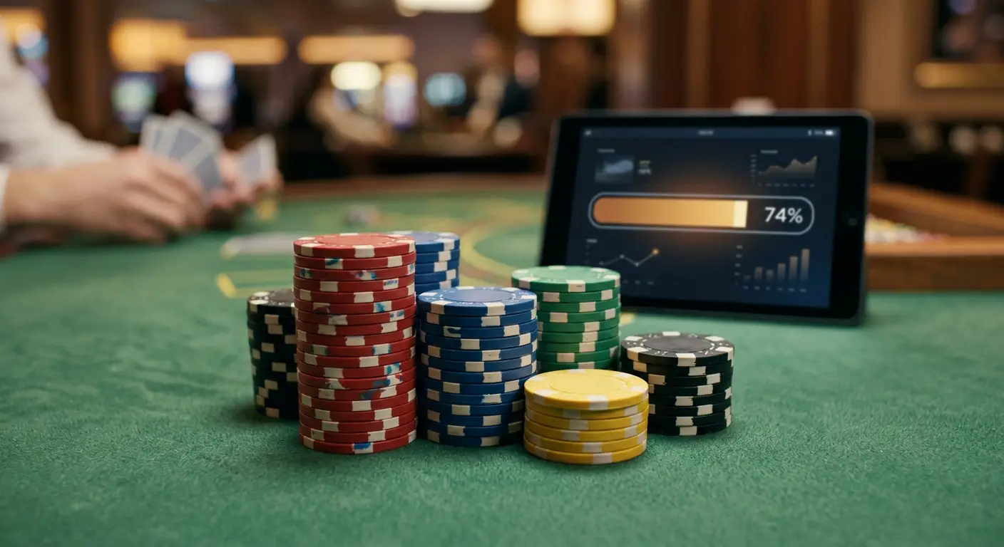 Fiches da casinò generiche colorate su piano verde, un piccolo schermo mostra percentuali di bonus, atmosfera sobria e professionale