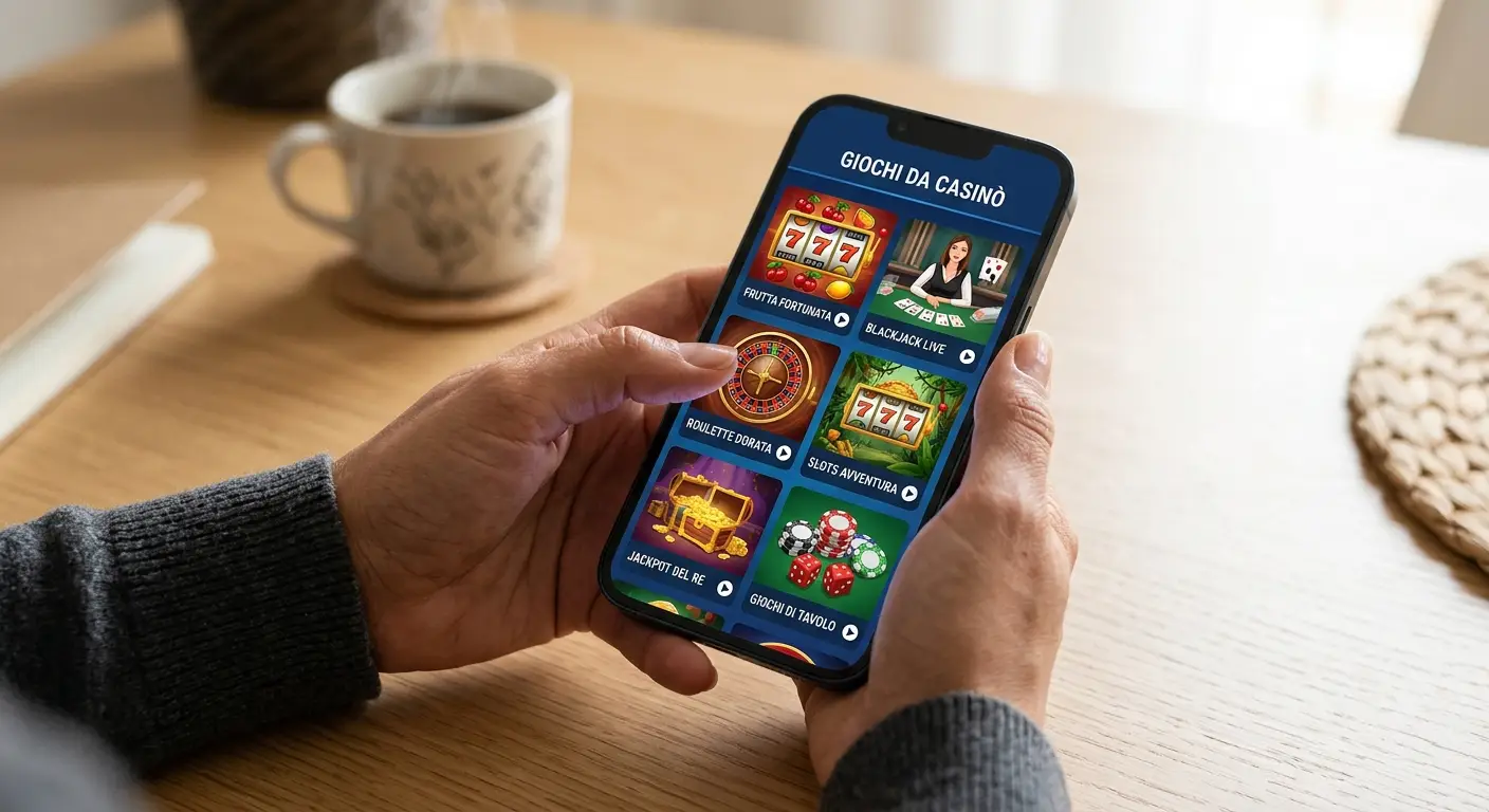 Primo piano di mani che tengono uno smartphone con interfaccia generica di un casinò mobile, sfondo sfocato con scrivania in legno chiaro