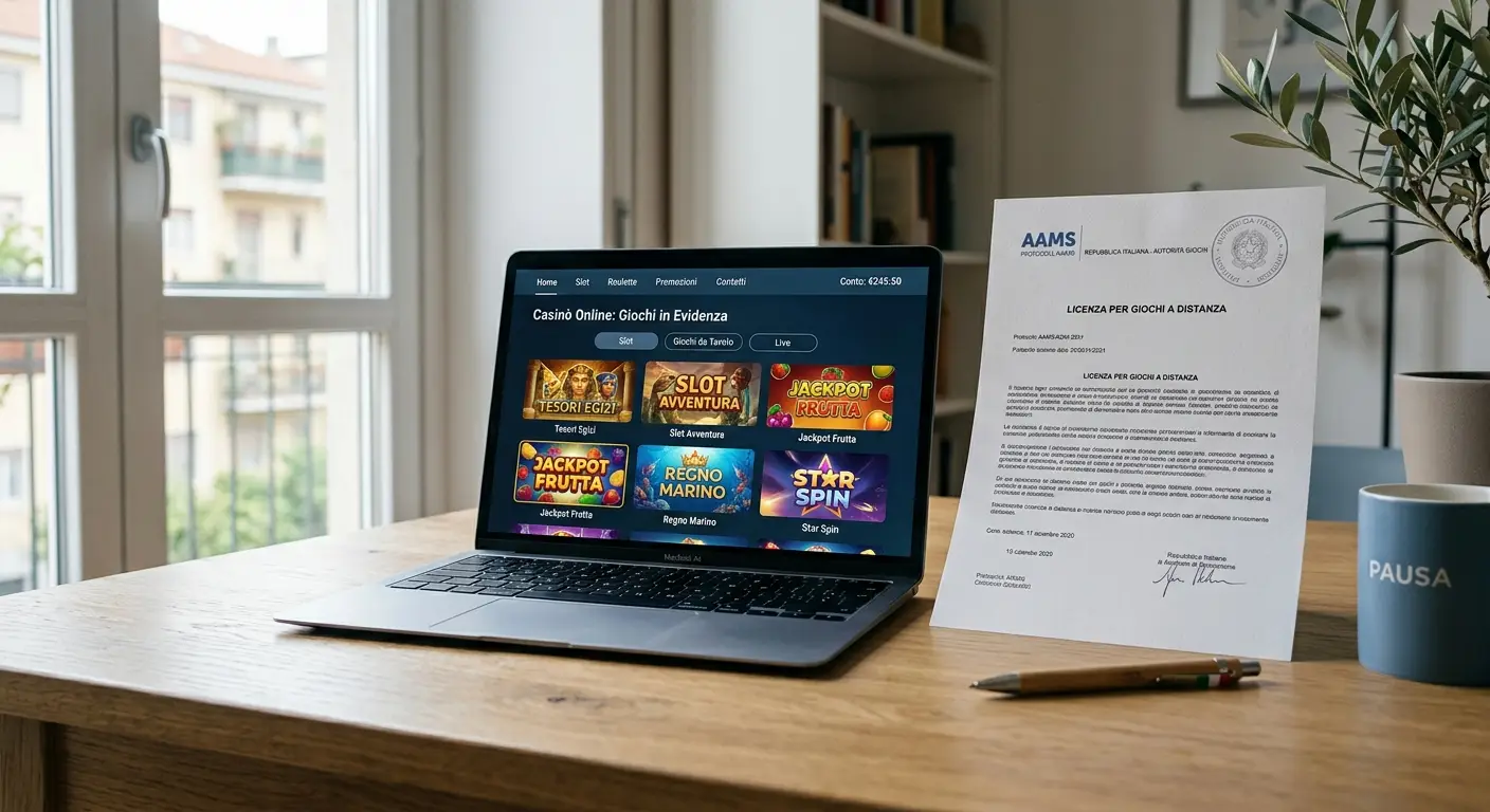 Scrivania moderna con laptop aperto su lobby di casinò online generica, documento di licenza con timbro ufficiale senza logo, luce naturale morbida
