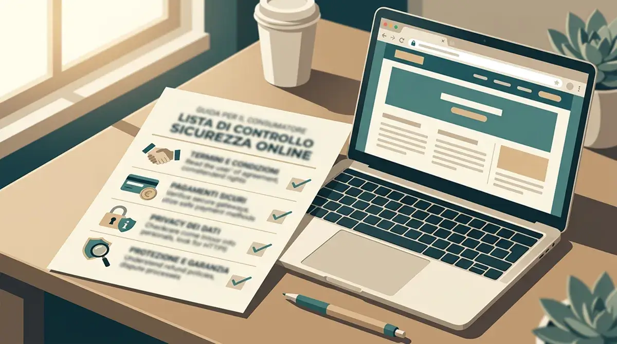 Checklist su carta con caselle di controllo per termini, pagamenti, privacy e tutele