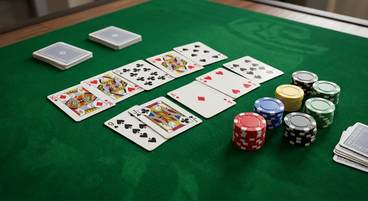 Tavolo da gioco con carte francesi sparse, fiches generiche colorate, panno verde, illuminazione professionale da studio