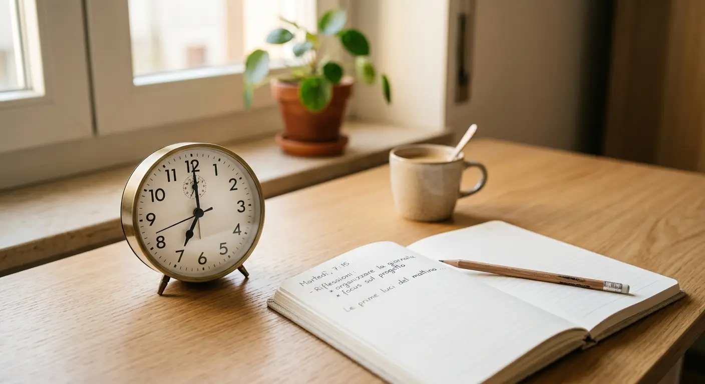 Scena minimalista di un orologio analogico su scrivania ordinata con quaderno aperto, matita, luce mattutina naturale, toni neutri e calmi
