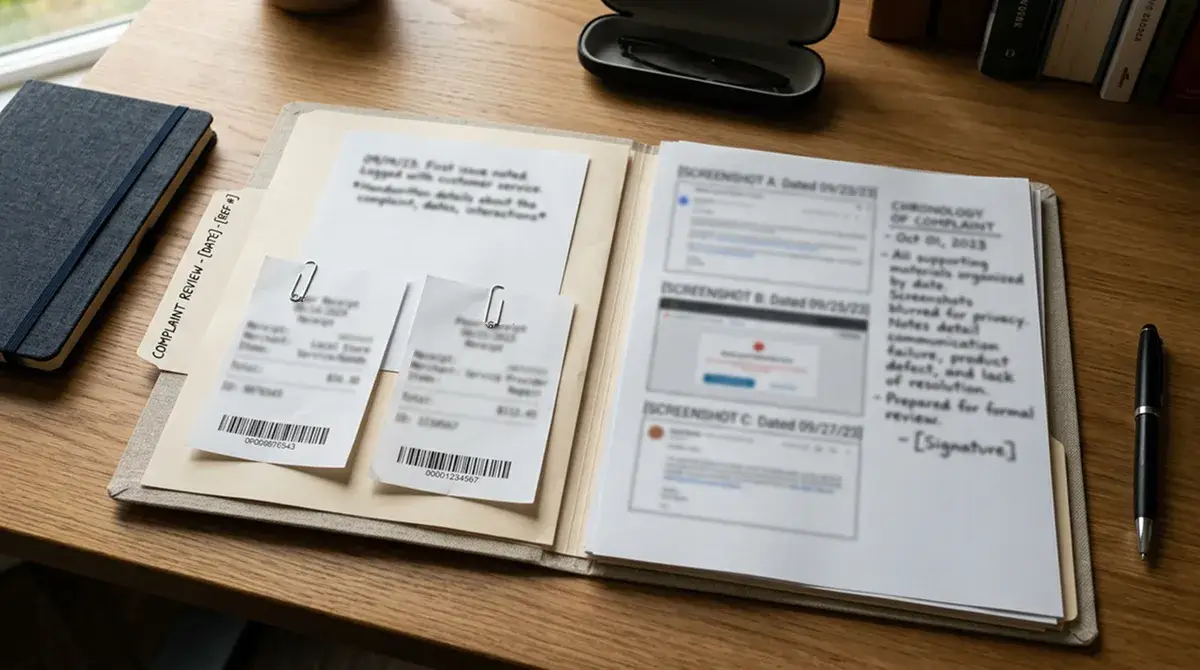 Cartella con ricevute, appunti e schermate ordinate per una verifica documentale