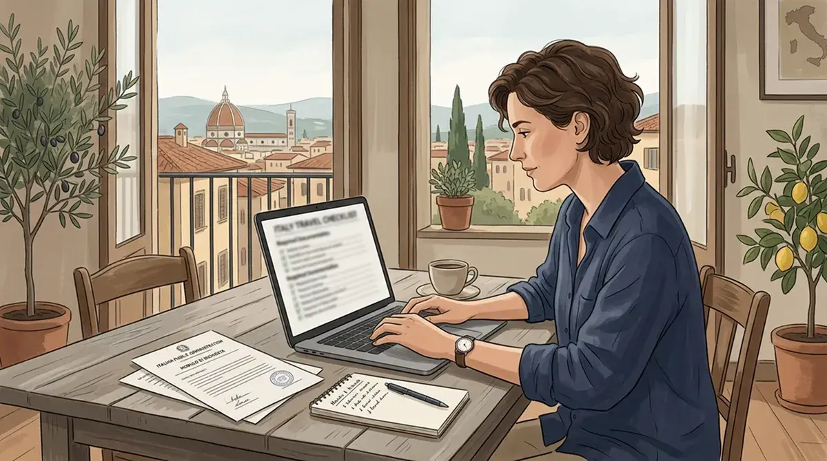 Persona che consulta una lista di controllo su schermo con documenti ordinati accanto