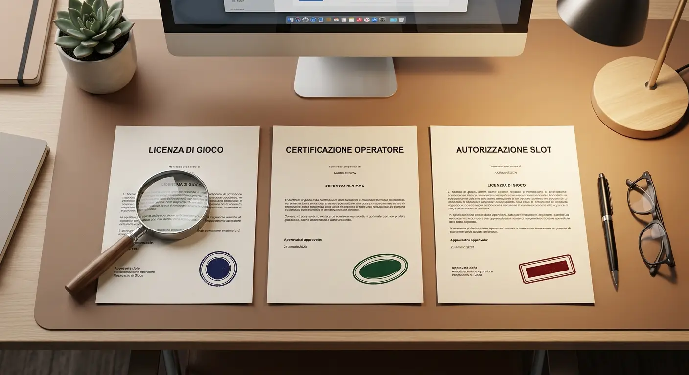 Confronto visivo tra diversi documenti di licenza di gioco generici su tavolo da ufficio moderno, luce calda laterale