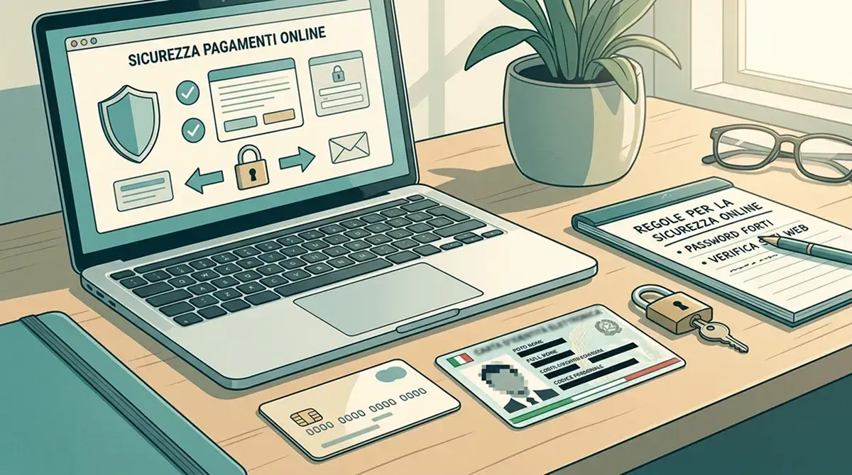 Tavolo ordinato con carta di pagamento, documento oscurato, lucchetto e note sulla privacy